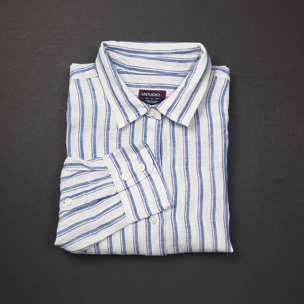 Untuckit Women Button-Up Linen Shirt Wehlen Blue White Stripe NWT/NWOT Pick Size - Picture 12 of 12